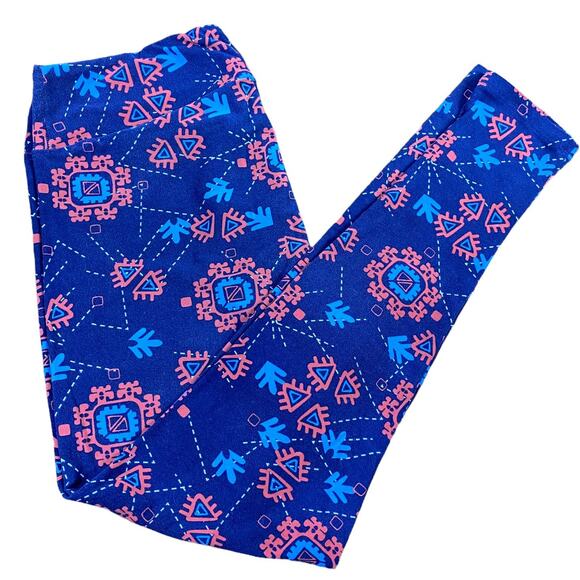 LulaRoe Tall & Curvy Leggings Blue & Pink with Light Blue Geometric Print - Picture 2 of 11